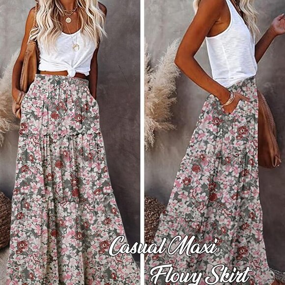 Womens Casual High Waist Tie Paisley Print Long Maxi Skirt with Pockets - Picture 2 of 4